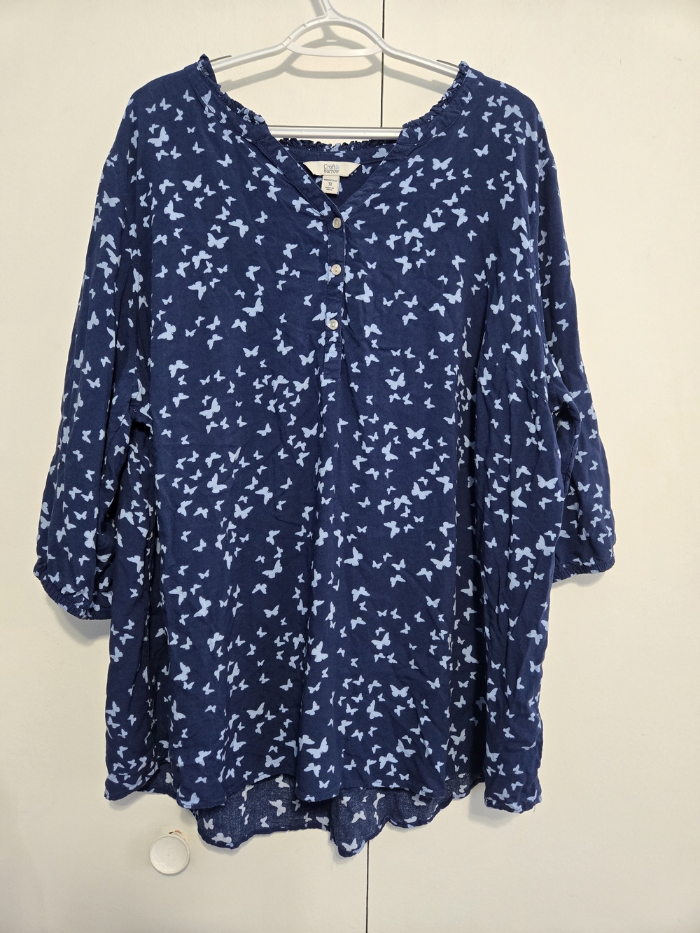 Croft & Barrow 3X Blue Butterfly Print Rayon Peasant Blouse Plus